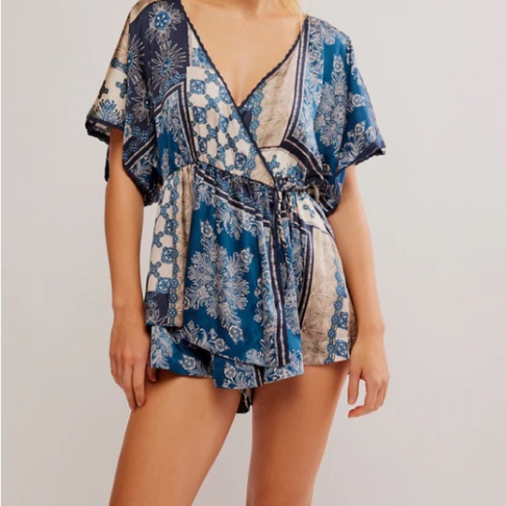 Free People Oasis Indigo Blue and White Patterned Romper